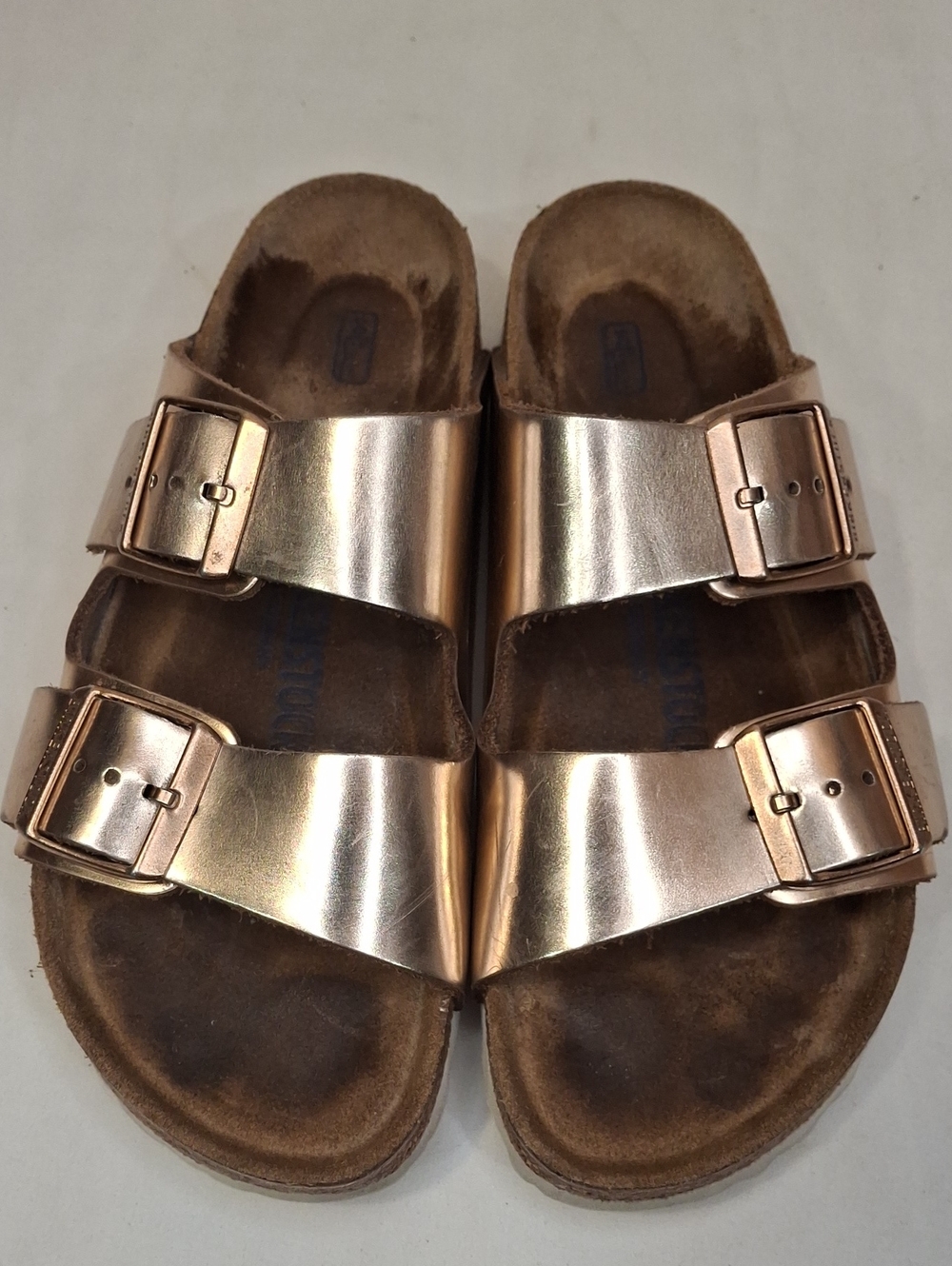 Women's Beautiful Birkenstock Arizona Copper Metallic Strap Slide Sandal